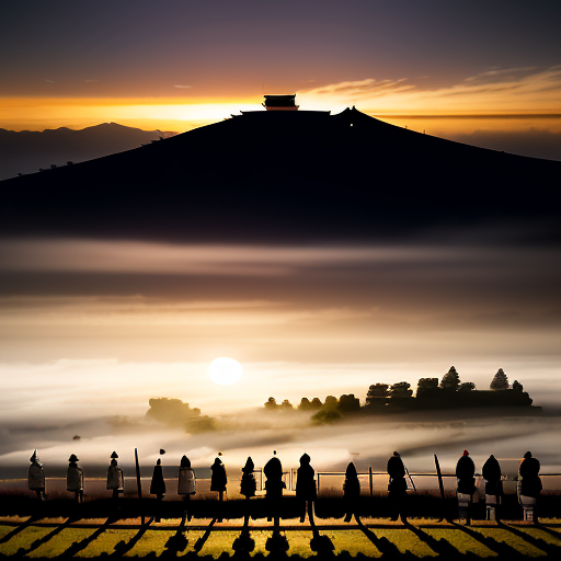 The seven samurais, standing on a hilltop overlooking the village as dawn breaks, their silhouettes disappearing in the morning mist as the villagers wave them farewell.